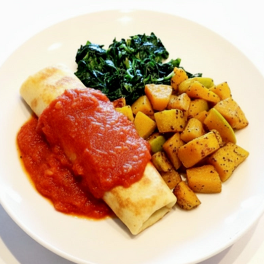 Light 300 - Panqueca Integral de Frango ao Sugo, com Abóbora assada e Espinafre no bafo - 300gr