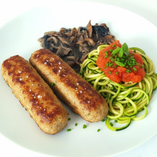 FIT 300 - Kafta de frango c/ shitake e shimeji shoyo e Spaghetti de abobrinha ao molho rústico de pomodoro - 300g