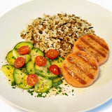 PEIXES - Mini Burger de Salmão com Arroz 7 Grãos, Abobrinha e Tomatinhos Cereja - 300g