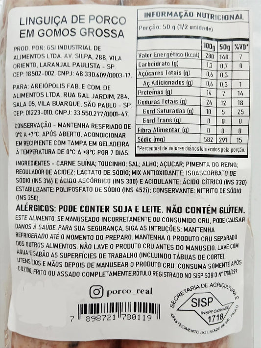 PORCO REAL - Linguiça Gomo com quatro unids - Peso variável entre 340 e 400g