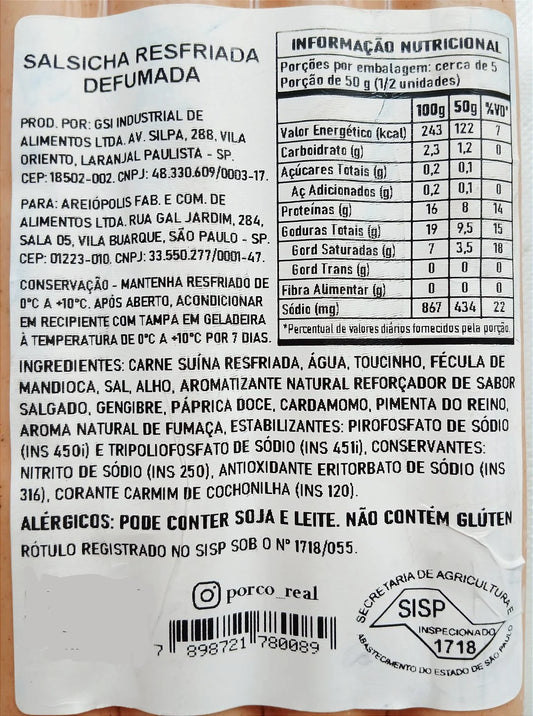 PORCO REAL - Salsicha Defumada com quatro unids - Peso variável entre 275 e 300g