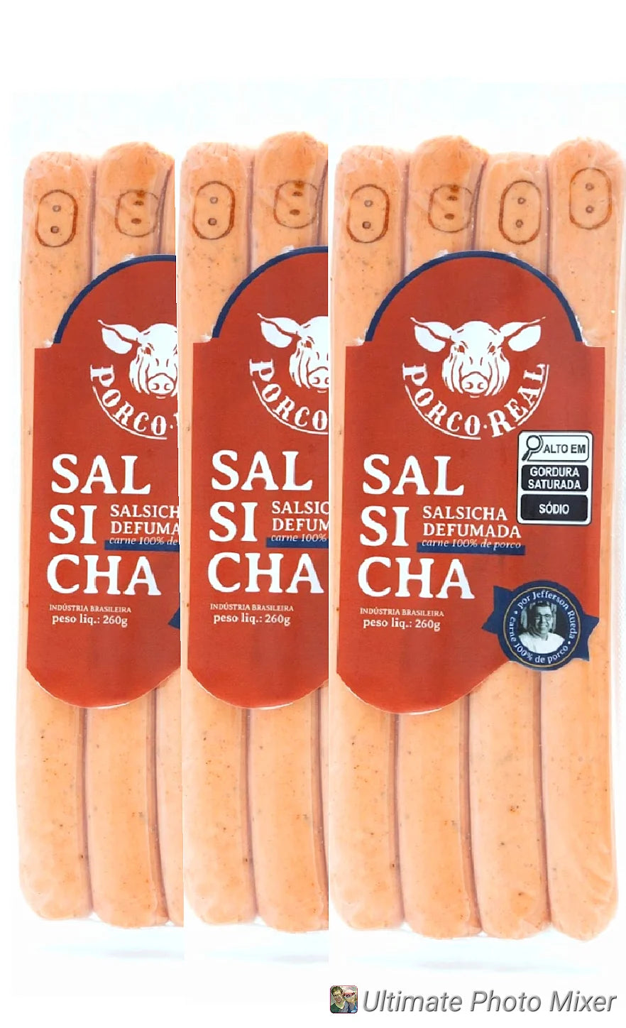 PORCO REAL - Kit 3 Pcts de Salsicha Defumada de aprox. 300g cada c/ 4 unids