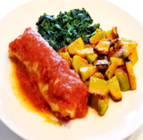 Light 300 - Panqueca Integral de Frango ao Sugo, com Abóbora assada e Espinafre no bafo - 300gr
