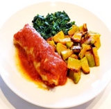 Light 300 - Panqueca Integral de Frango ao Sugo, com Abóbora assada e Espinafre no bafo - 300gr