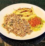 FIT 300 - Carne Moída com Ovos, Batata-Doce Palito e Spaguetti De Abobrinha ao Molho Rust. de Pomodoro - 300gr