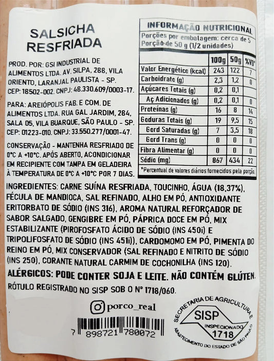 PORCO REAL - Salsicha com quatro unids - Peso variável entre 275 e 300g