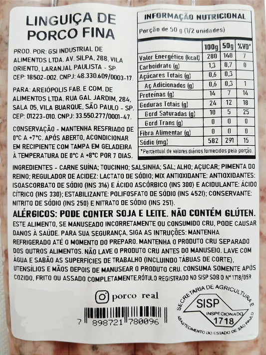 PORCO REAL - Linguiça Fininha com quatro unids - Peso variável entre 230 e 280g