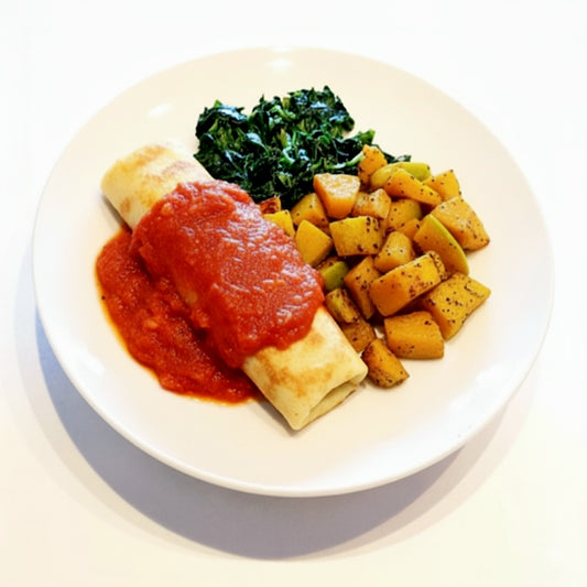 Light 300 - Panqueca Integral de Frango ao Sugo, com Abóbora assada e Espinafre no bafo - 300gr