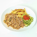 FIT 300 - Carne Moída com Ovos, Batata-Doce Palito e Spaguetti De Abobrinha ao Molho Rust. de Pomodoro - 300gr