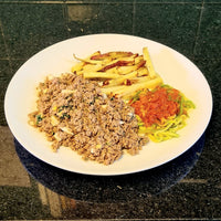 FIT 300 - Carne Moída com Ovos, Batata-Doce Palito e Spaguetti De Abobrinha ao Molho Rust. de Pomodoro - 300gr