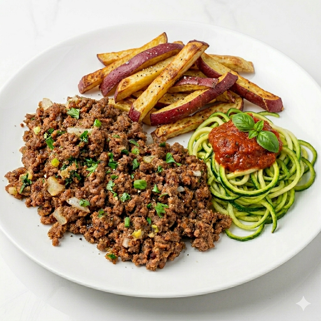 FIT 300 - Carne Moída com Ovos, Batata-Doce Palito e Spaguetti De Abobrinha ao Molho Rust. de Pomodoro - 300gr