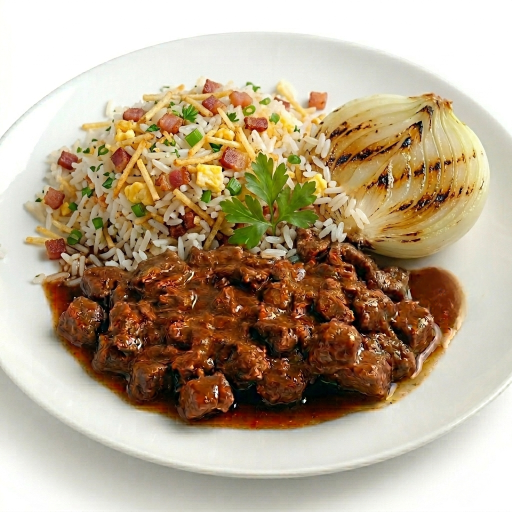 Dia a Dia - Picadinho ao Roti com Cebola Grelhada e Arroz Biro Biro (ovos, bacon e arroz)  400g