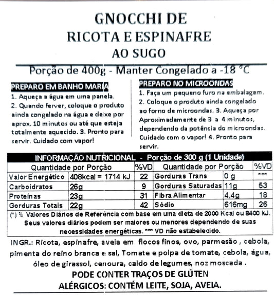 LIGHT - Gnocchi de Ricota e Espinafre ao Sugo