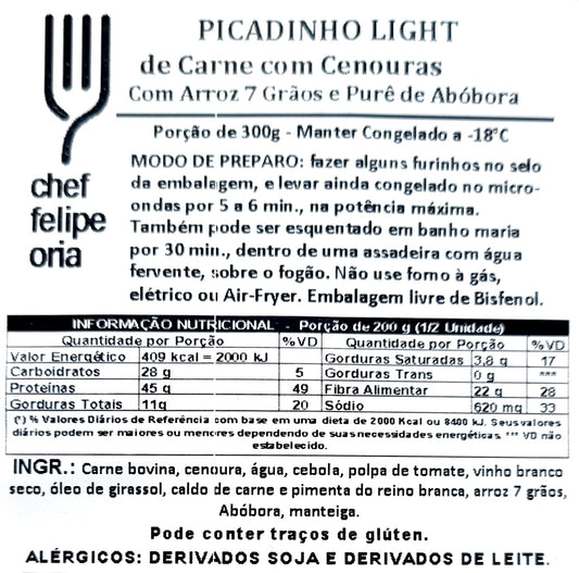 LIGHT 300 - Picadinho De Carne Com Cenoura, Purê De Abóbora e Arroz 7 Grãos - 300g