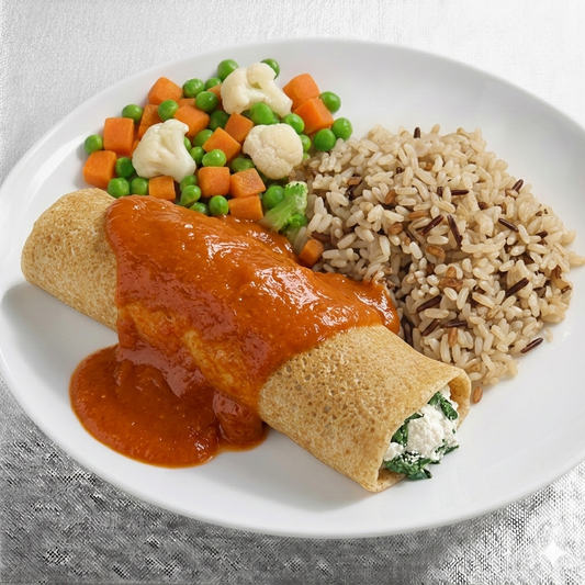 LIGHT 300 - Panqueca Integral de Espinafre e Ricota, Arroz 7 grãos e Leg, no fio de azeite - 300g