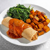 Light 300 - Panqueca Integral de Frango ao Sugo, com Abóbora assada e Espinafre no bafo - 300gr