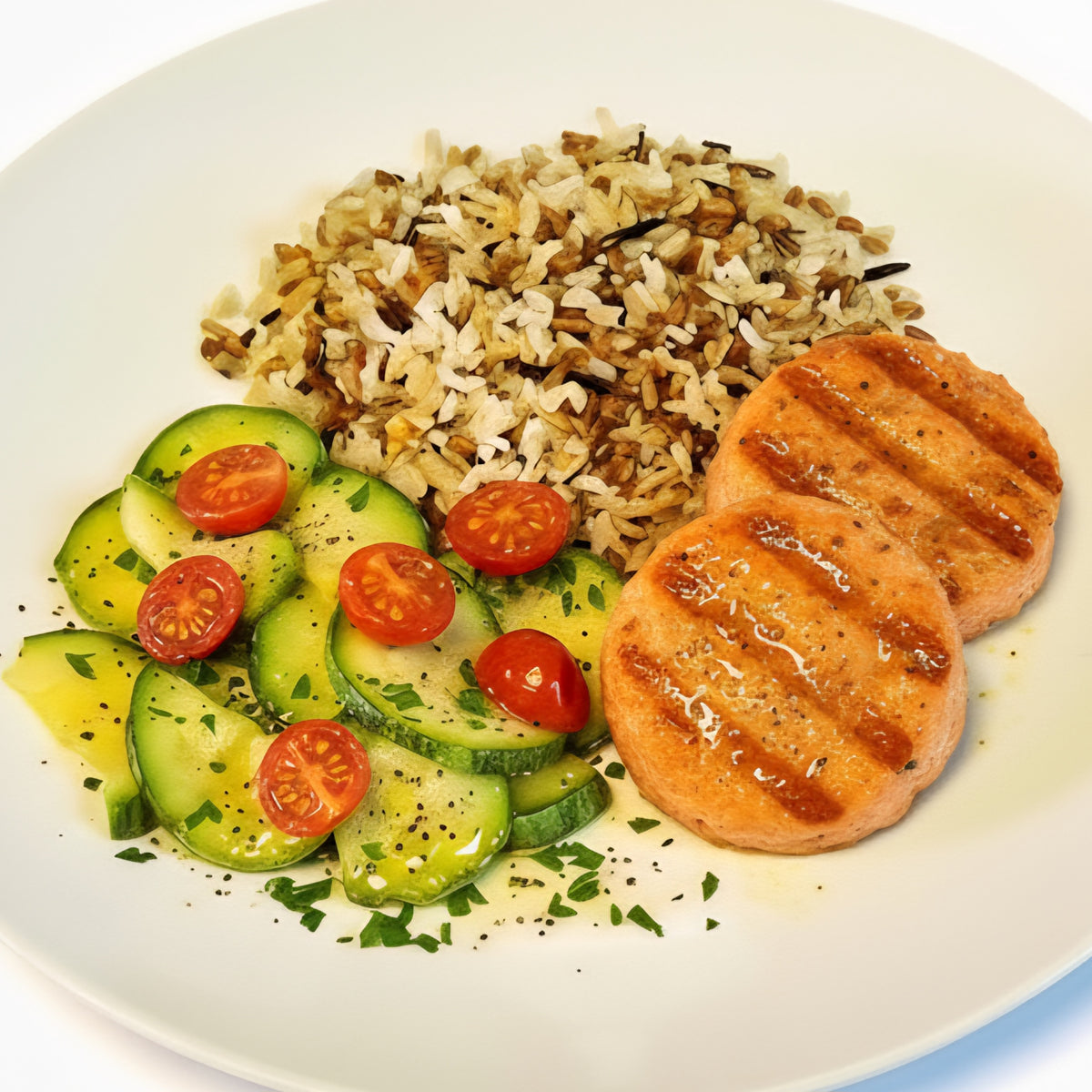 PEIXES - Mini Burger de Salmão com Arroz 7 Grãos, Abobrinha e Tomatinhos Cereja - 300g